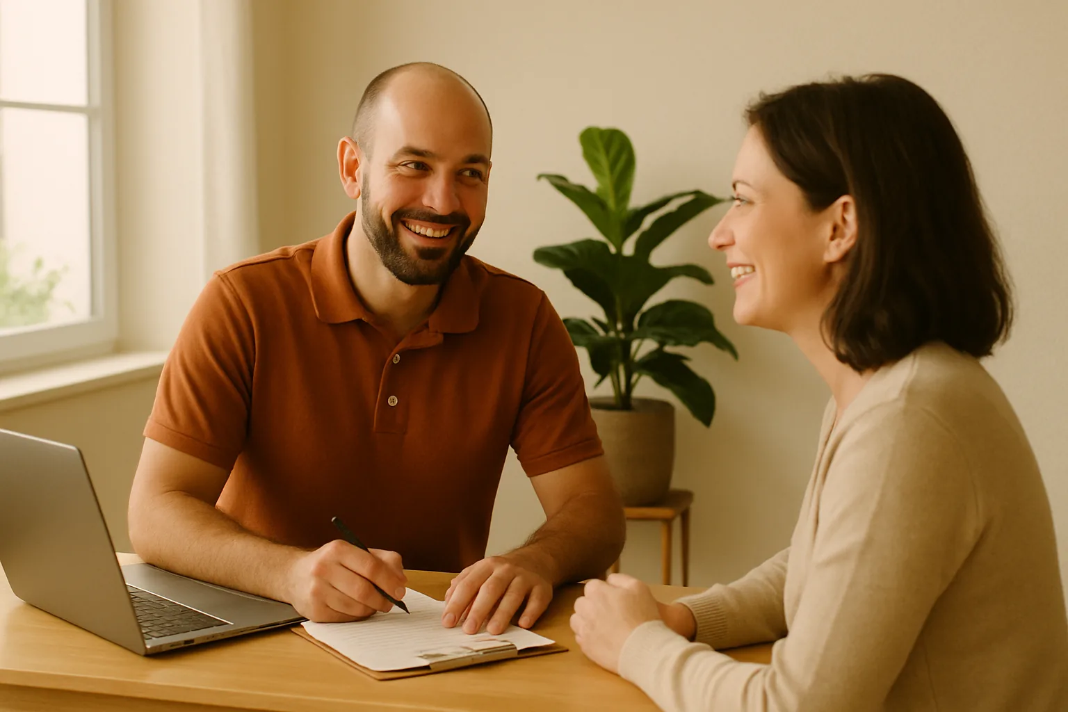 Relocation coordinator consulting with a client in a bright warm-toned office