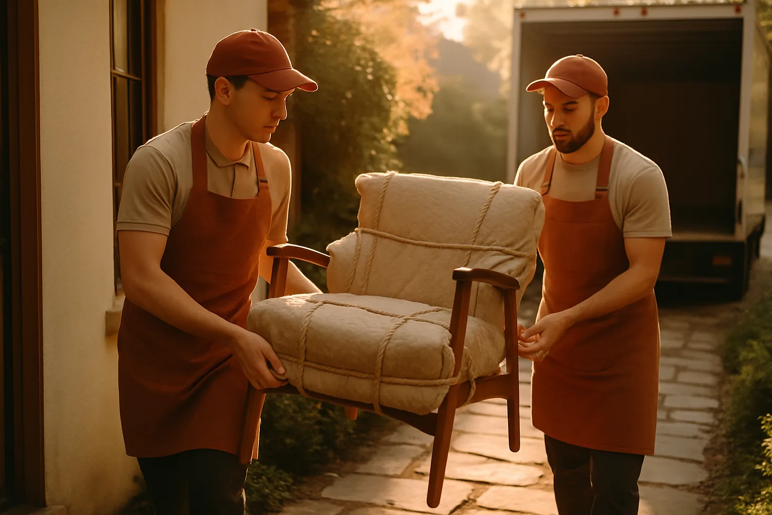 Movers carefully carrying furniture from a home to a moving truck at golden hour