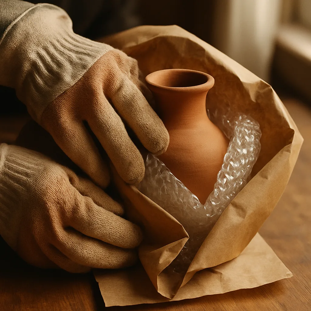 Hands carefully wrapping fragile ceramic item in craft paper