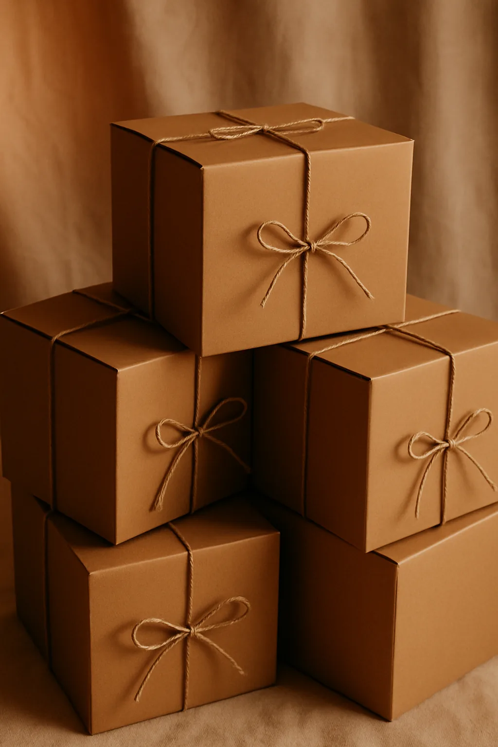 Stack of craft cardboard moving boxes tied with twine