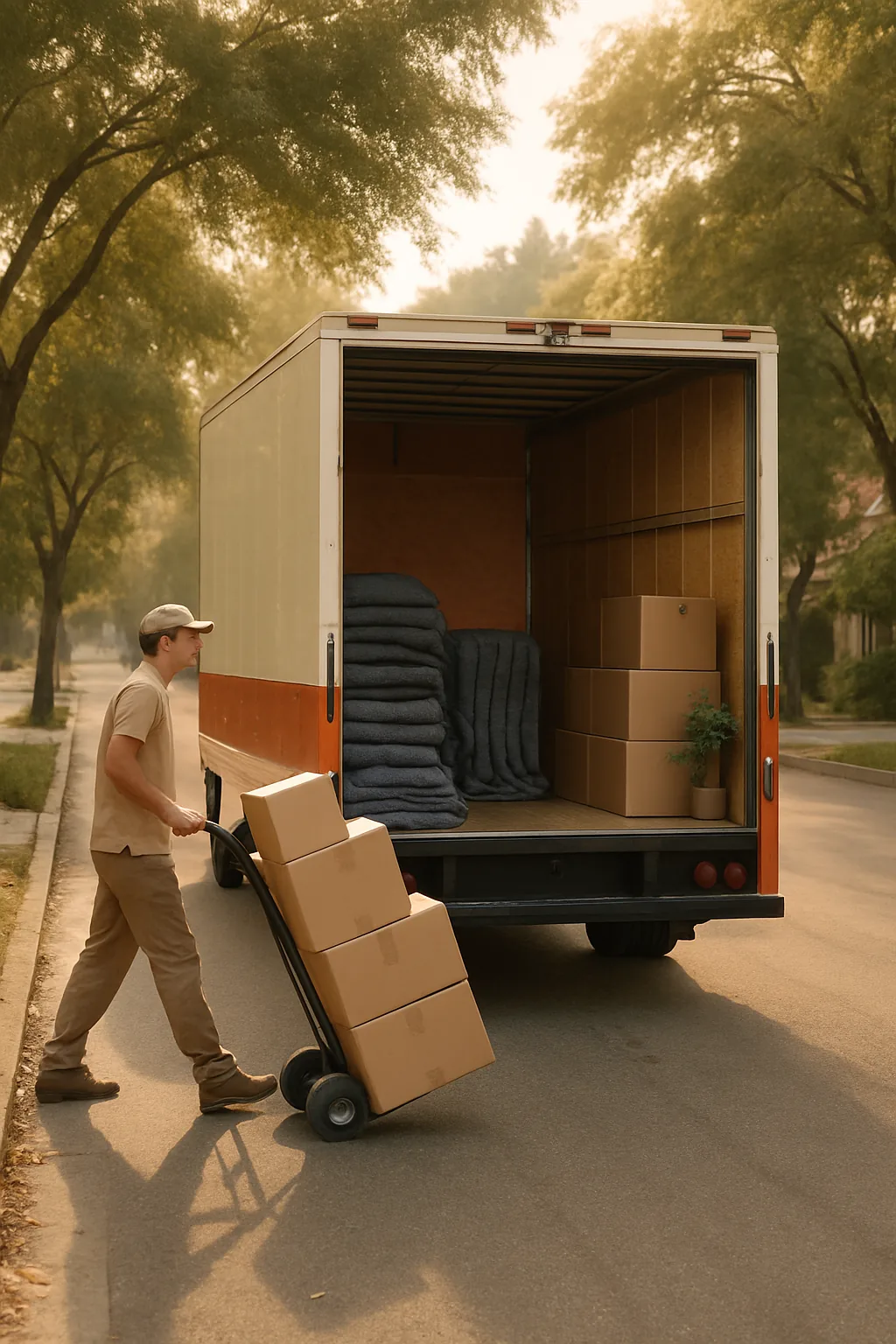 Branded moving truck being loaded with boxes on a quiet street