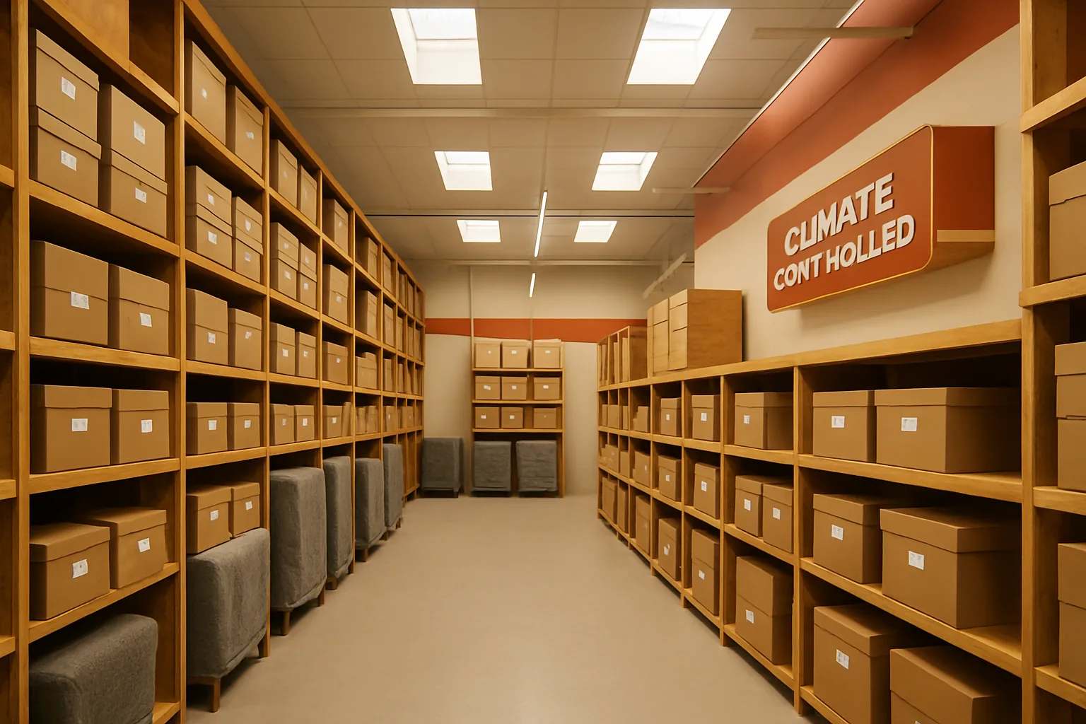 Organized climate-controlled storage warehouse interior with wrapped furniture